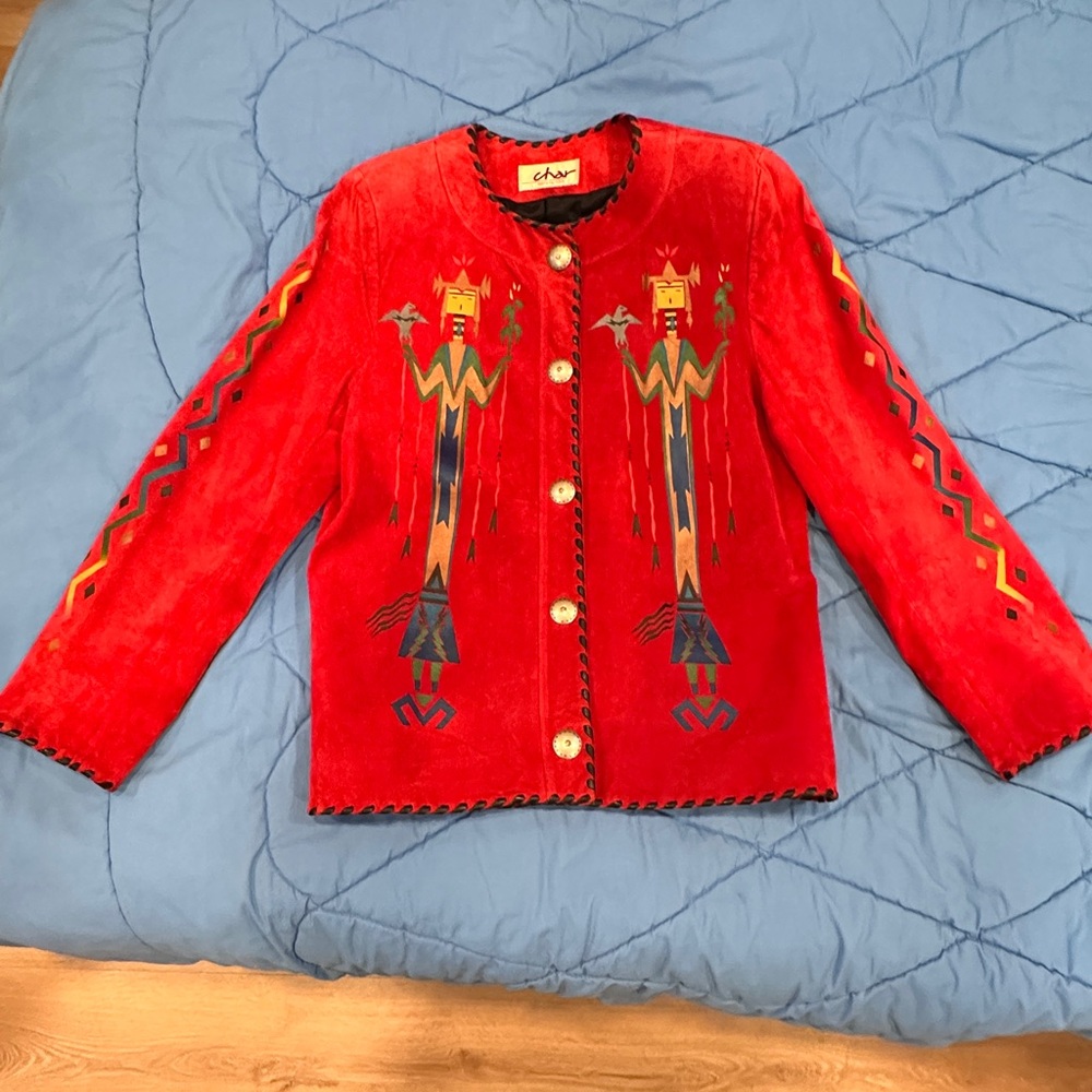 One of a Kind Vintage Women's Red Suede Leather Jacket w Native American Motif